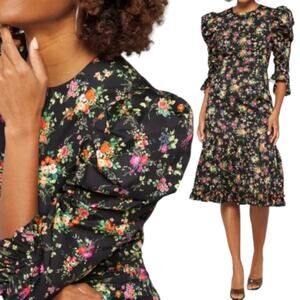 Black Halo NEW Nadir Puff Long Sleeve Floral Ruffle Dress Garden Glow Black 10